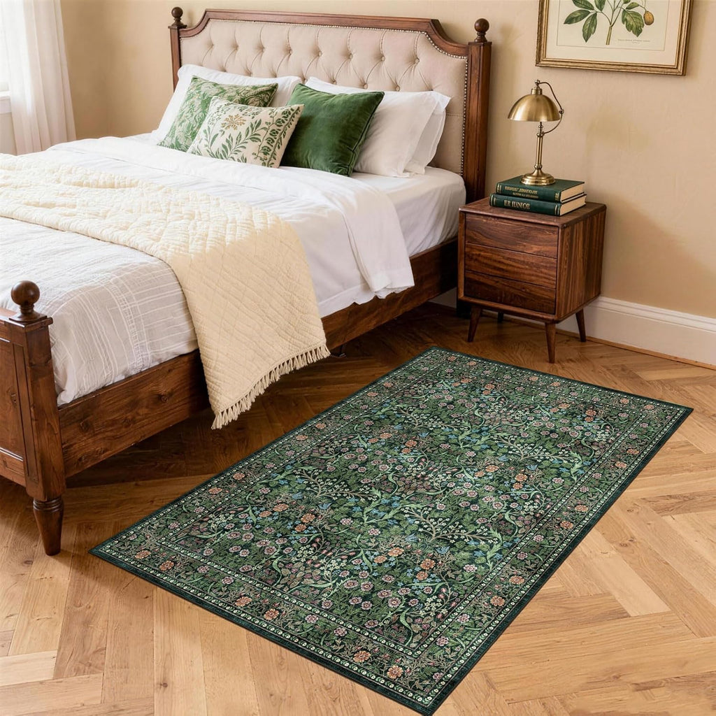 Dark Green Floral Entry Rug - 3x5 Soft Washable Bedroom Area Rug Non Slip Vintage Botanical Farmhous