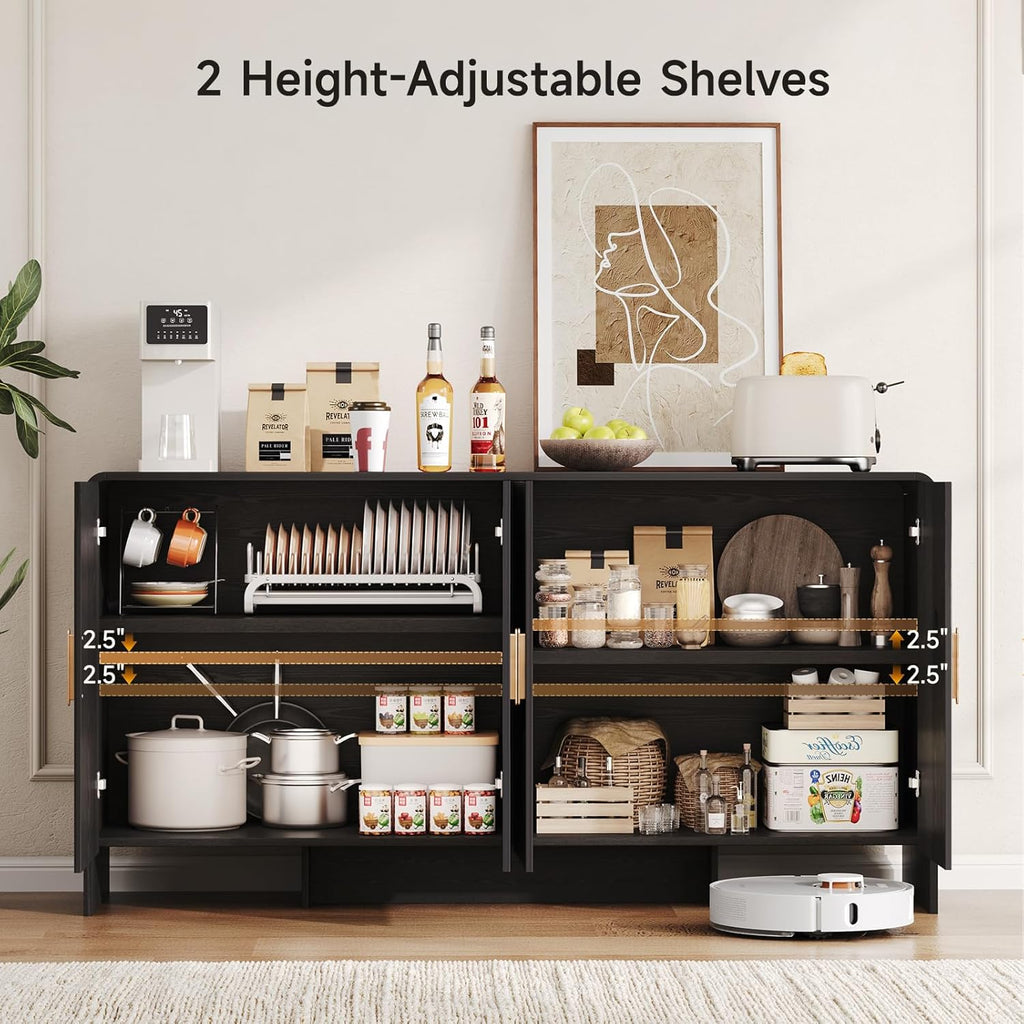 60" Sideboard Buffet Cabinet, Large Curved Design Storage Cabinet with 4 Doors & 2 Adjustable Shelves, Sturdy Build