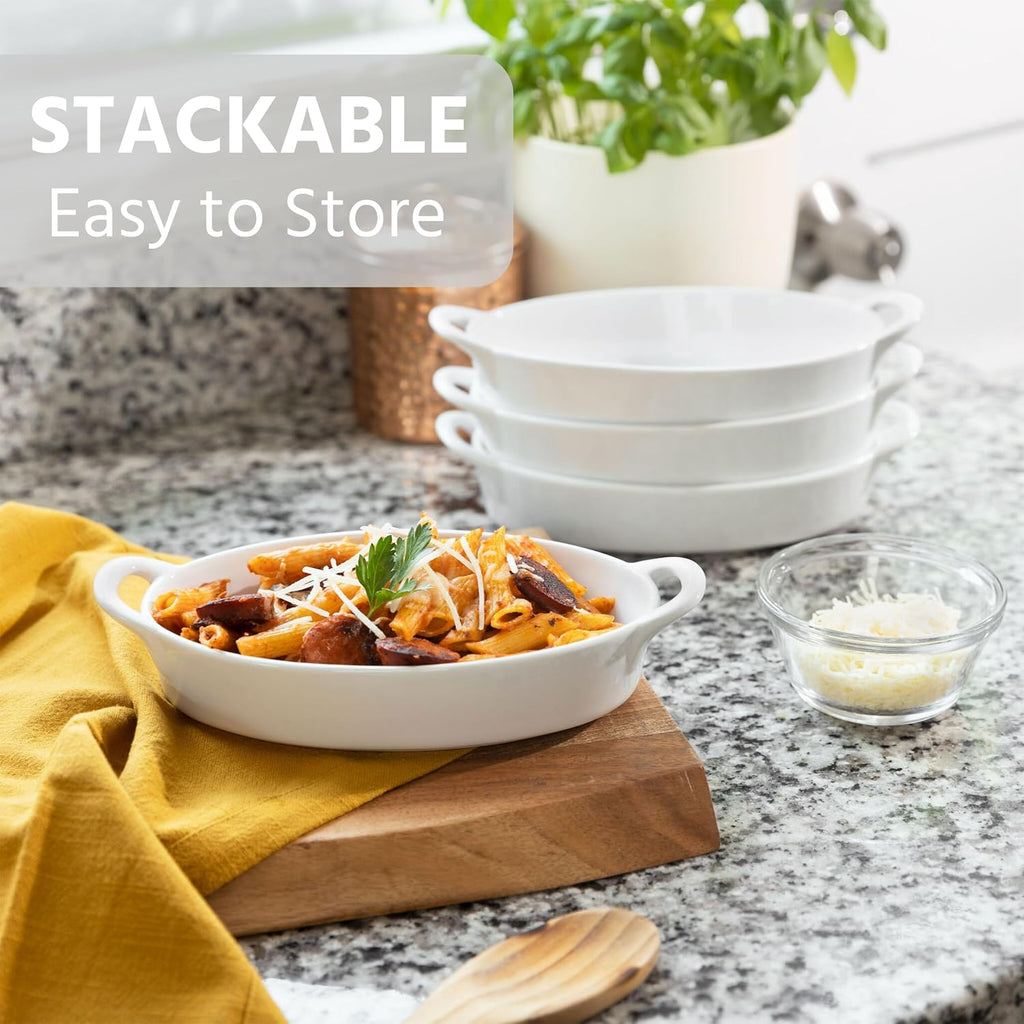 Oval Au Gratin Dishes for Oven Safe and Microwave Cooking and , 4 Pc. Set, Heat Resistant Ceramic with Handles for