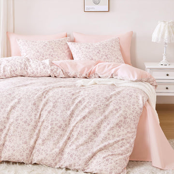 Floral Comforter Set, 100% Cotton Fabric, Vintage Farmhouse Cottagecore Shabby Chic Botanical Flower Pattern, 3