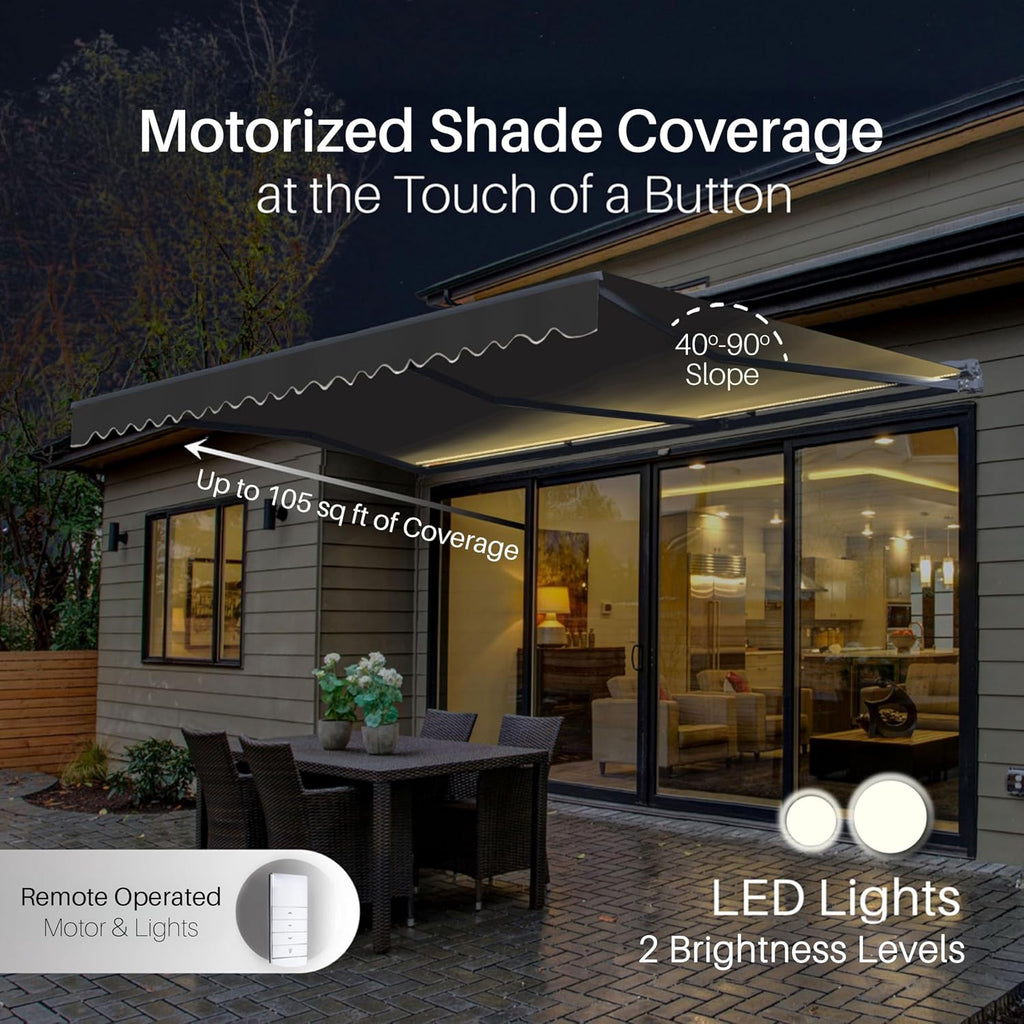 Electric Patio Awning Motorized Semi-Cassette, 12x10 Black | Retractable sunshade for decks and balconies