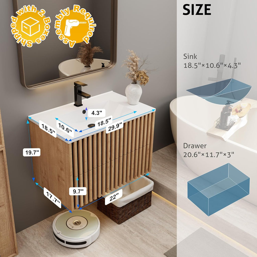 30" Floating Fluted Bathroom Vanity with Sink - Modern Wall Mounted Cabinet with 2 Drawers