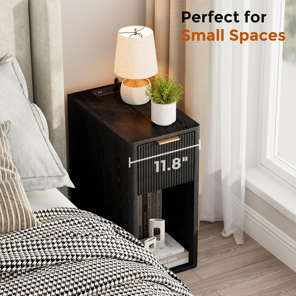 Narrow End Table with Fluted Drawer and Charging Station, Small Nightstand with USB Ports & Outlets, Bedside Table