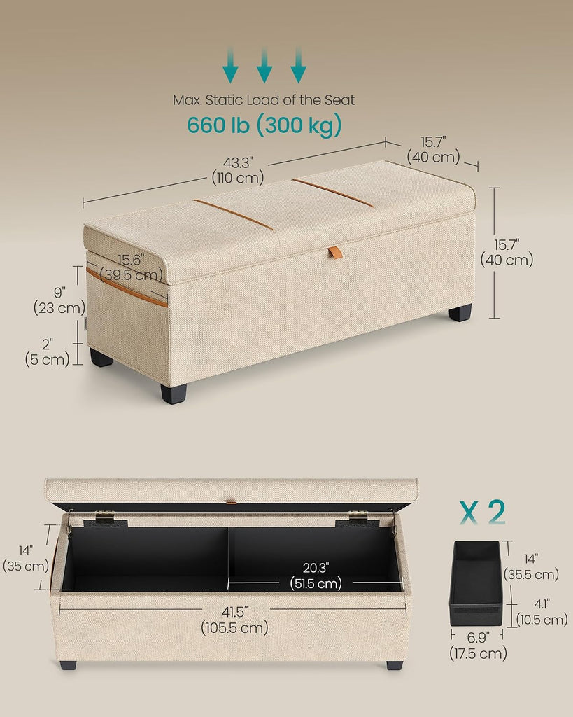 Storage Ottoman Bench, Storage Chest, 15.7 x 43.3 x 15.7 Inches, End of Bed Bench, 27 Gal. (103 L), Cappuccino Beige