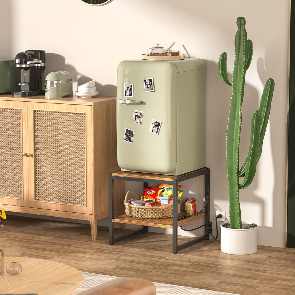End Table with Charging Station, Mini Fridge Stand, Rustic Brown