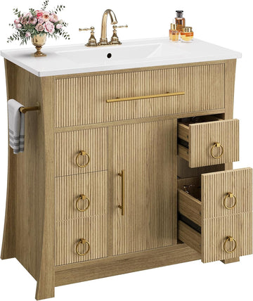 36" Freestanding Bathroom Vanity with Sink - Vanity Cabinet with 4 Drawers & Flip-Down Storage