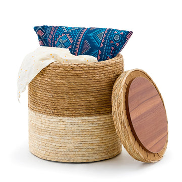 14" Natural Grass Round Storage Pouf Ottoman Handwoven Pouffe Rattan Stool