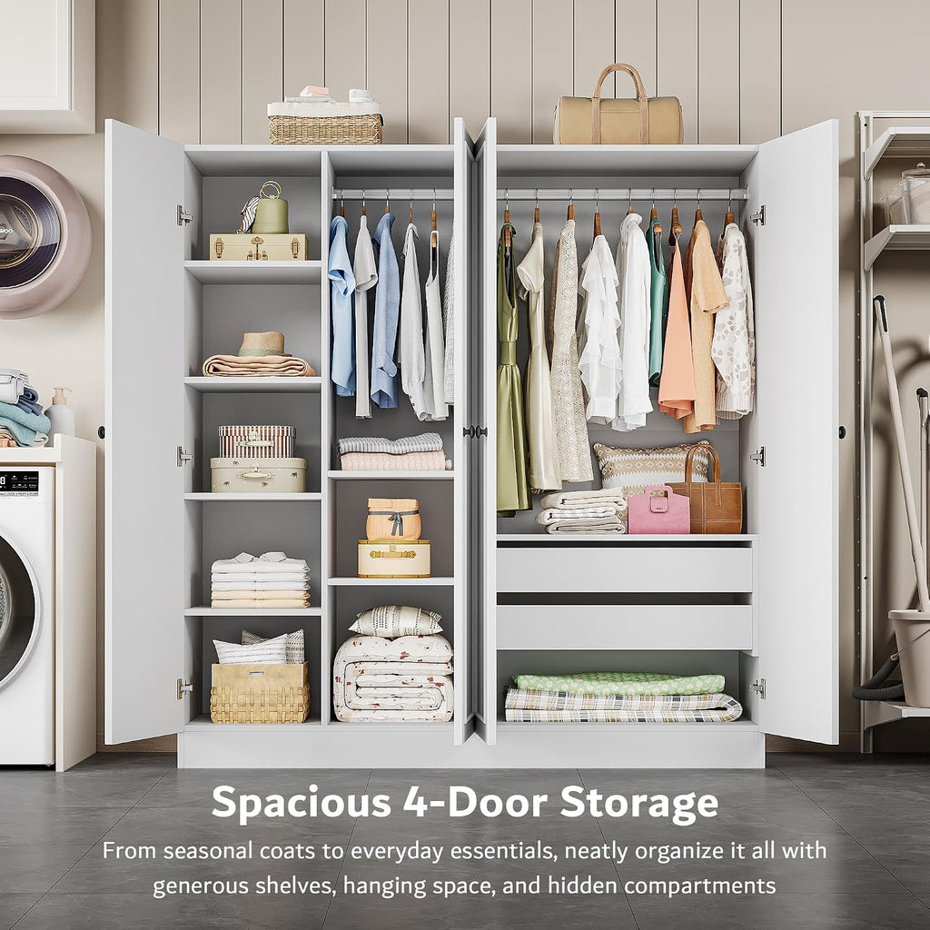 4 Doors Armoire Wardrobe Closet with 2 Drawers, 63" Large Wardrobe Cabinet with Removable Hanging Rods and Adjustable