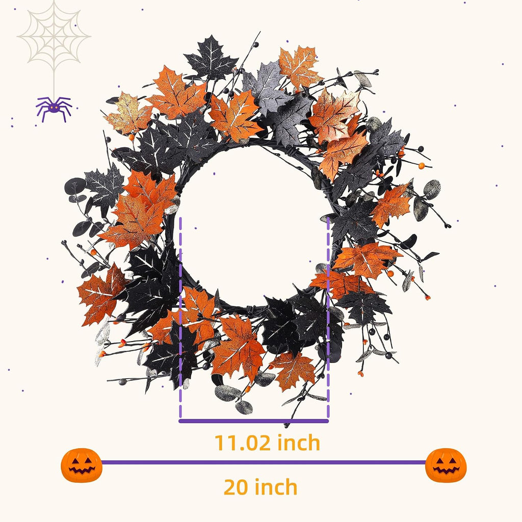 20" Halloween Wreath for Front Door, Golden and Black Maple Leaves