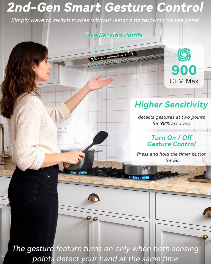 42 Inch Stainless Steel Range Hood Insert 900 CFM Ultra-Quiet 4 Speed Gesture Control, LED Lights Convertible Ducted/Ductless