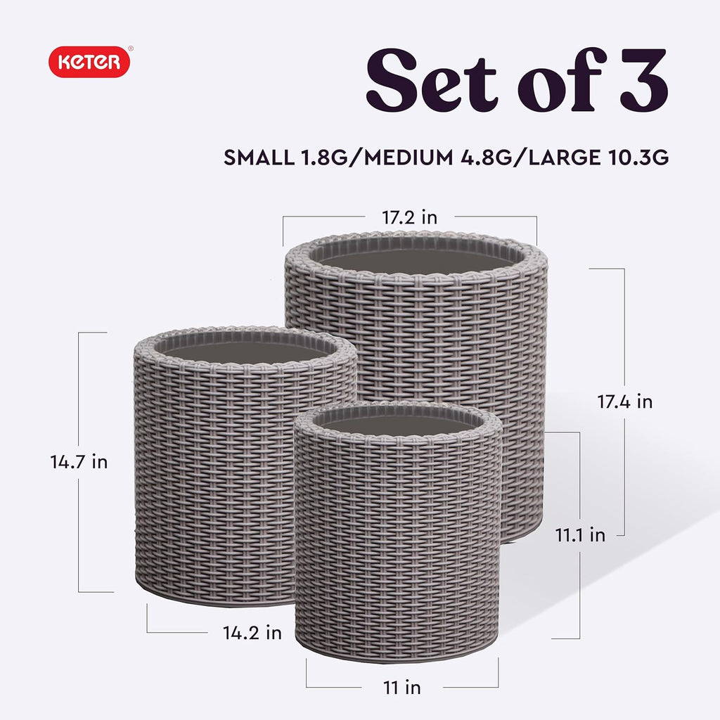 Cylinder Set of 3 Rattan Resin Planter for Indoor and Outdoor Plants Ideal Decorative Planter for Porches and Patio