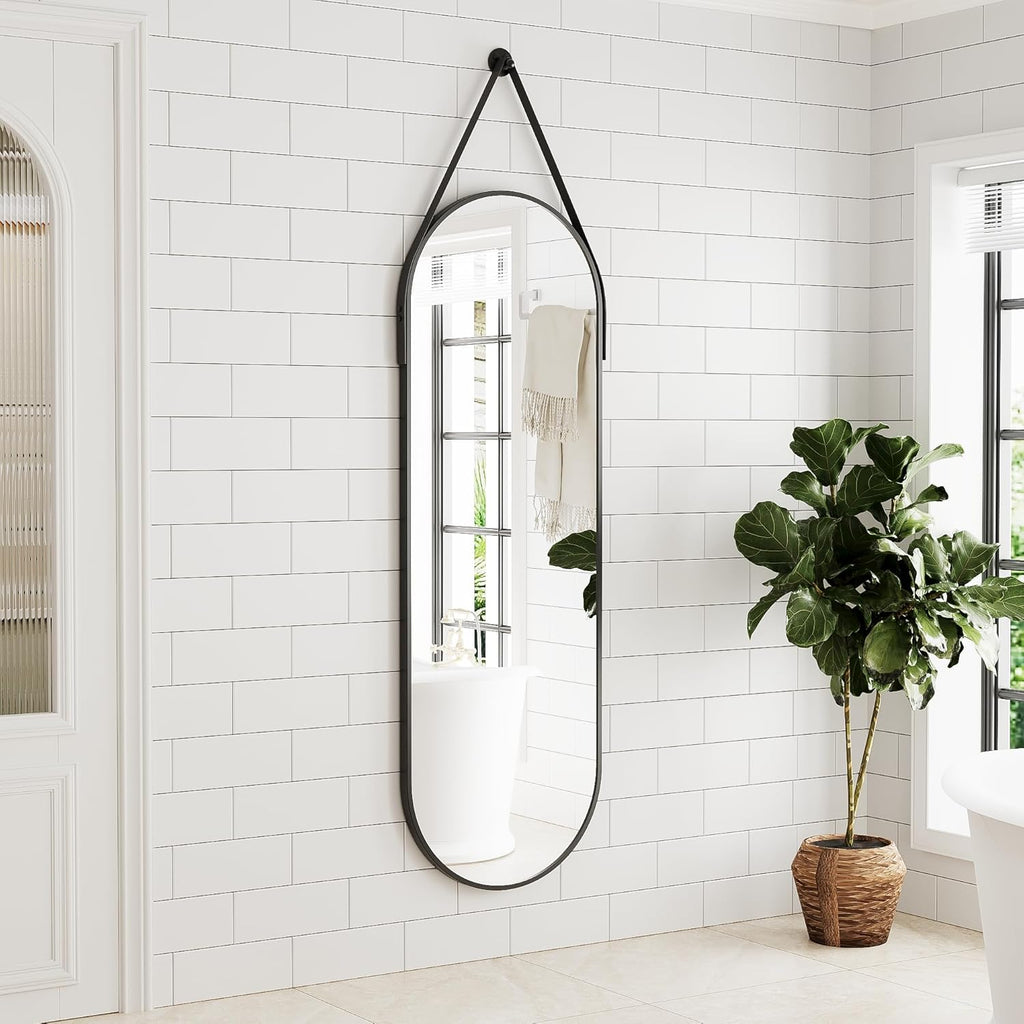 Full Length Mirror, Oval Wall Mounted Mirror, 48"x16" Door Mirrors Full Length with Hanging Leather Strap with Aluminum Frame for Bathroom Living Room Entryway (Black)