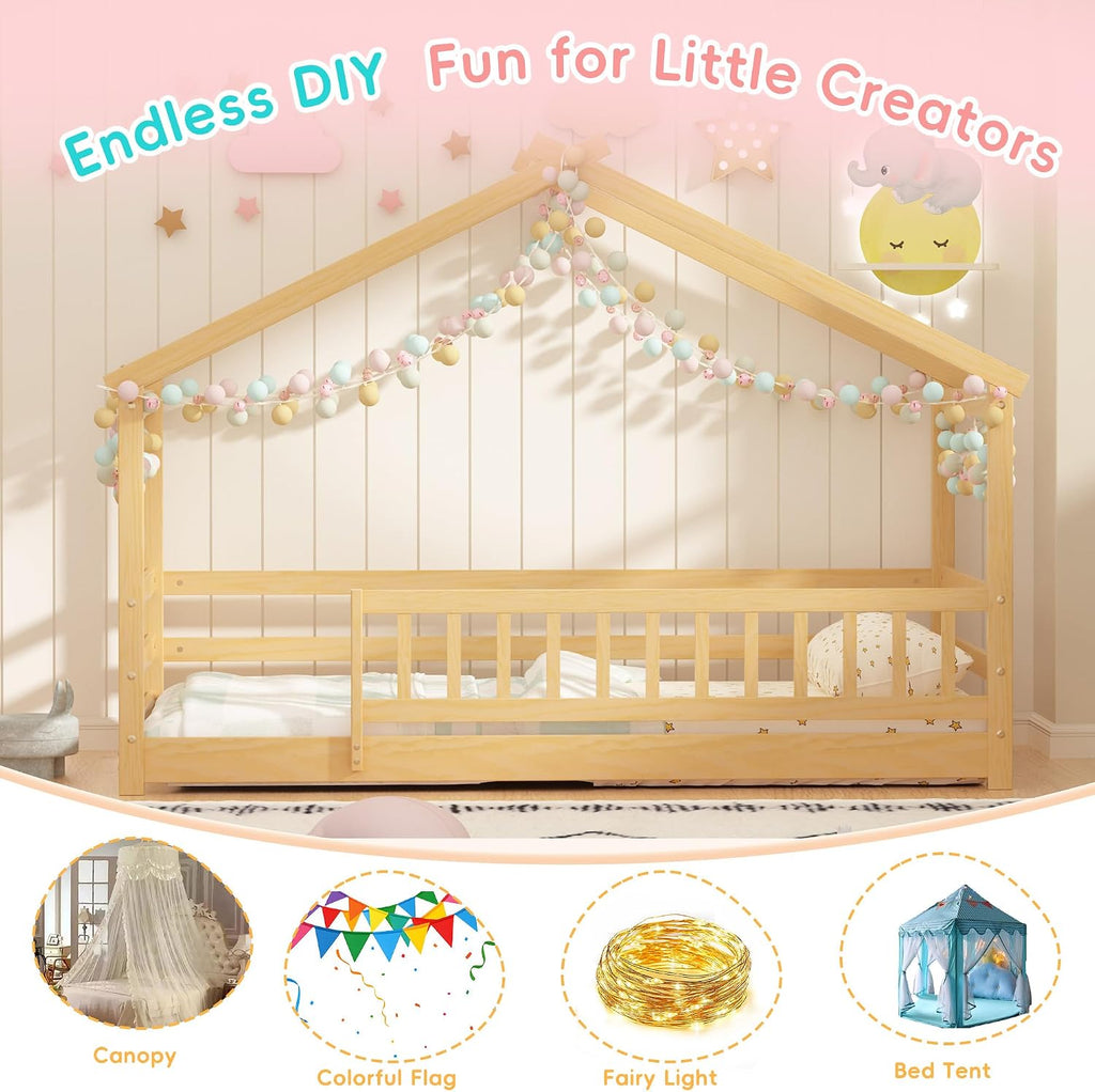 Twin Size House Bed for Kids, Twin Montessori Floor Bed with Roof and Guardrails, Solid Wood Low-Profile Frame