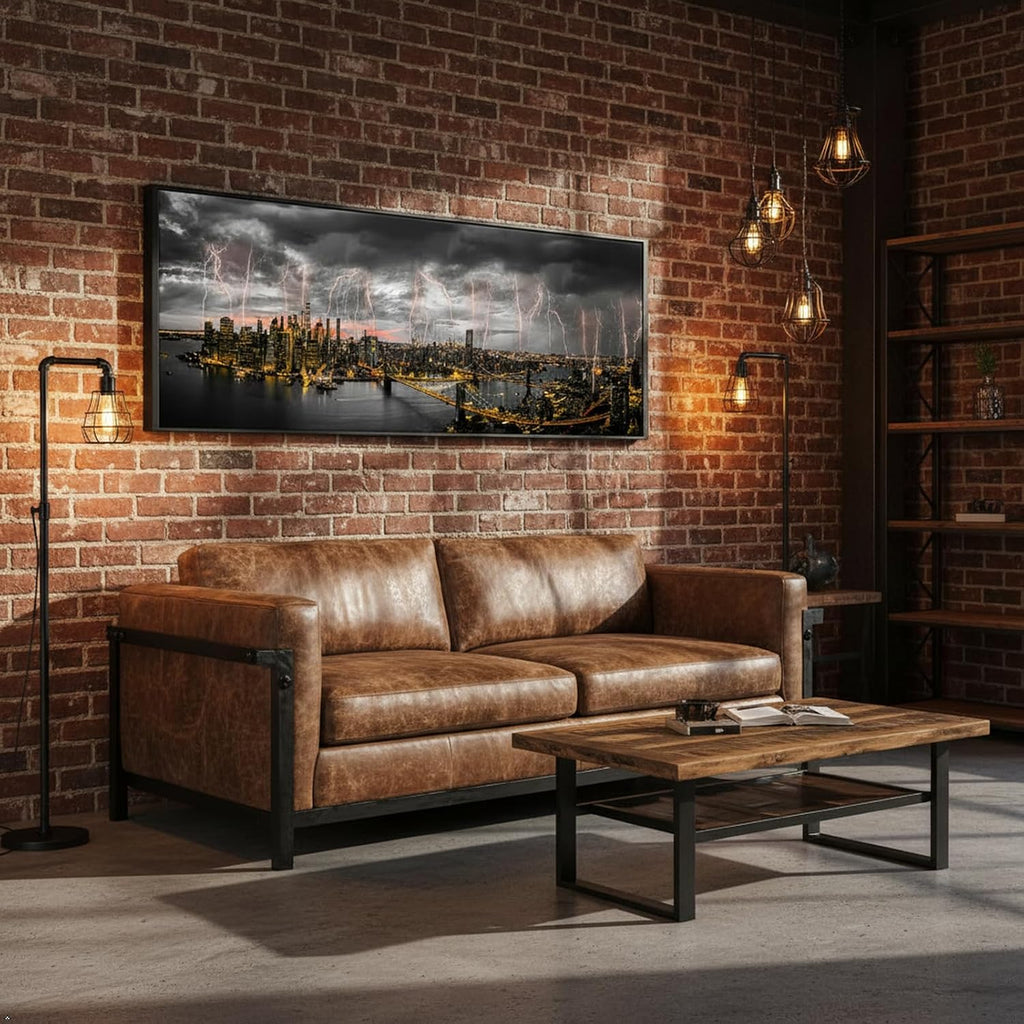 New York City Skyline Lightning Night View Canvas Prints with Black Floater Frame 20x55 Inch Wide Panoramic Wall Art