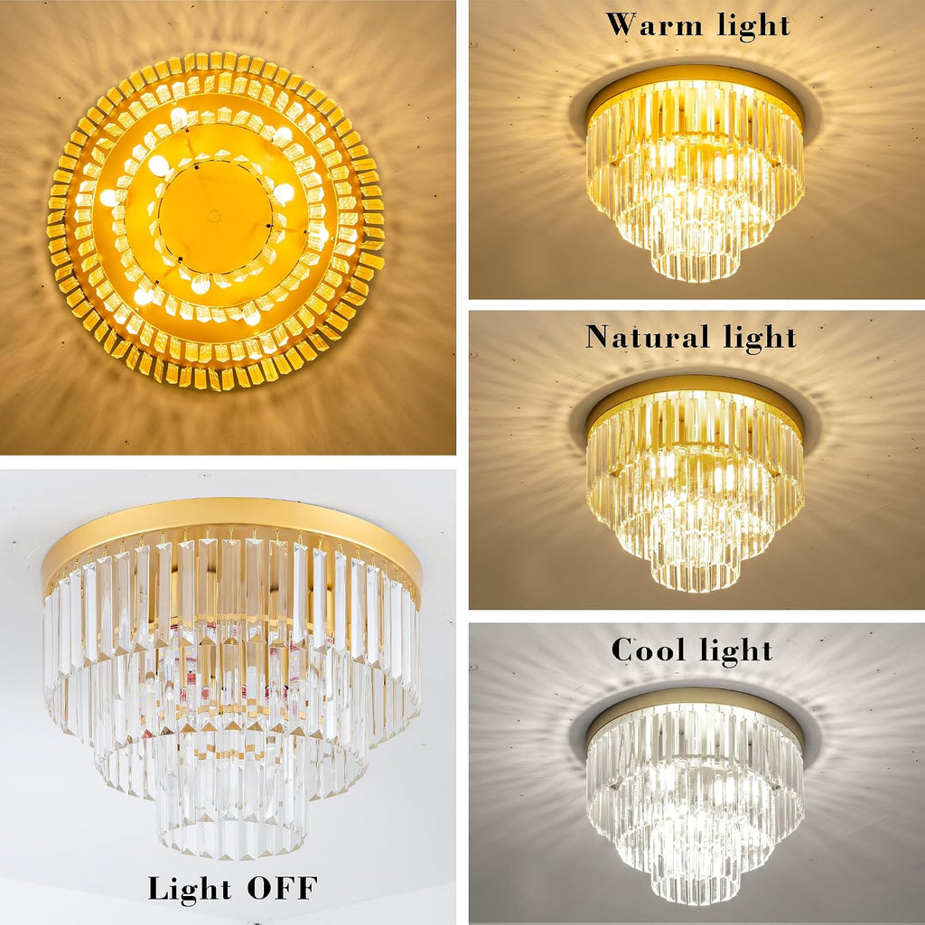 Gold Crystal Ceiling Light 17" Luxury K9 Crystal Dining Room Light 3-Tiers Modern Flush Mount Ceiling Light 4-Lights