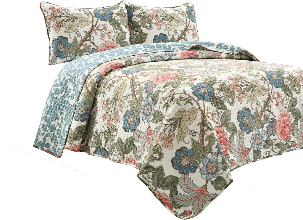 Reversible Cotton Quilt Set, 3 Piece Set, /, Green & Blue - Cotton Bedding Set - Blue Floral Quilt