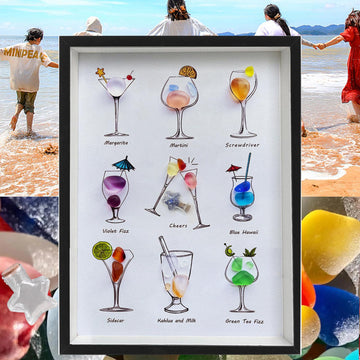 Sea Glass Cocktail Wall Art with Frame, Handmade Seaglass Wine Glass Art, Beach Glass Friendship Gift Decor, and Gift