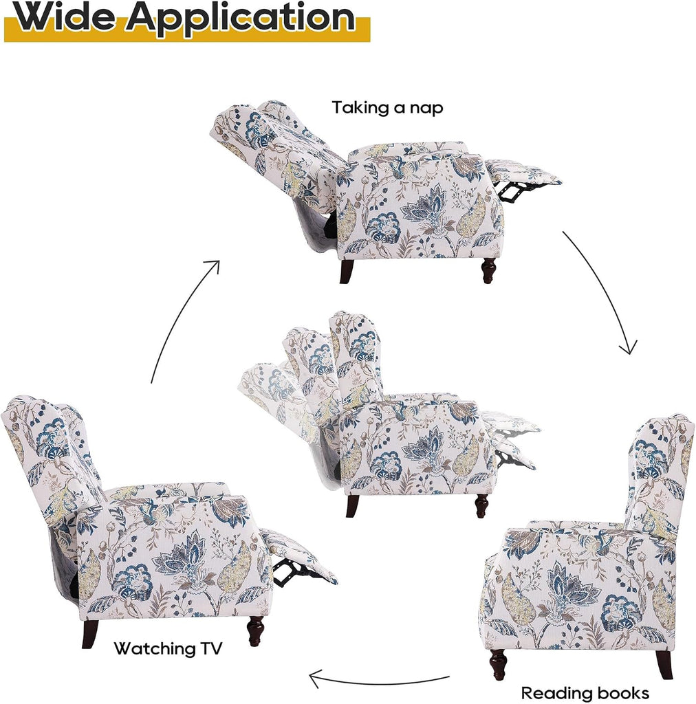 Mid Century Modern Wingback Recliner Chair for Adults, Push Back Upholstered Accent Chair with Floral Fabric, Manual