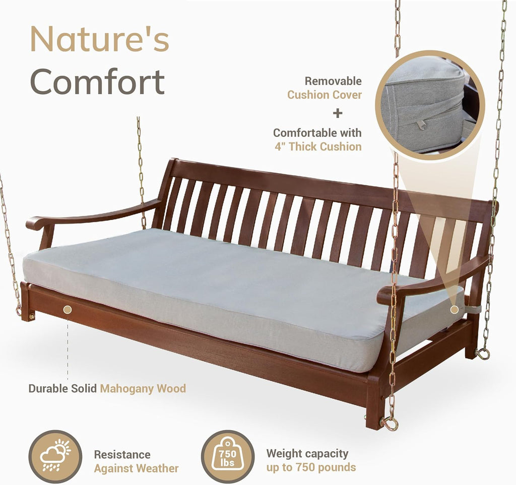 Robin Mahogany Wood 6 FT Porch Swing Bed, Upgraded Patio Porch Swing Daybed with Thick Oyster Cushion Support, 750