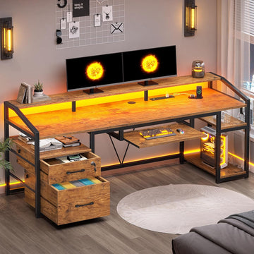 63" Computer Desk, Office Desk with Lock Drawers for Legal/Letter File, Gaming Desk with LED Light & Power Outlet
