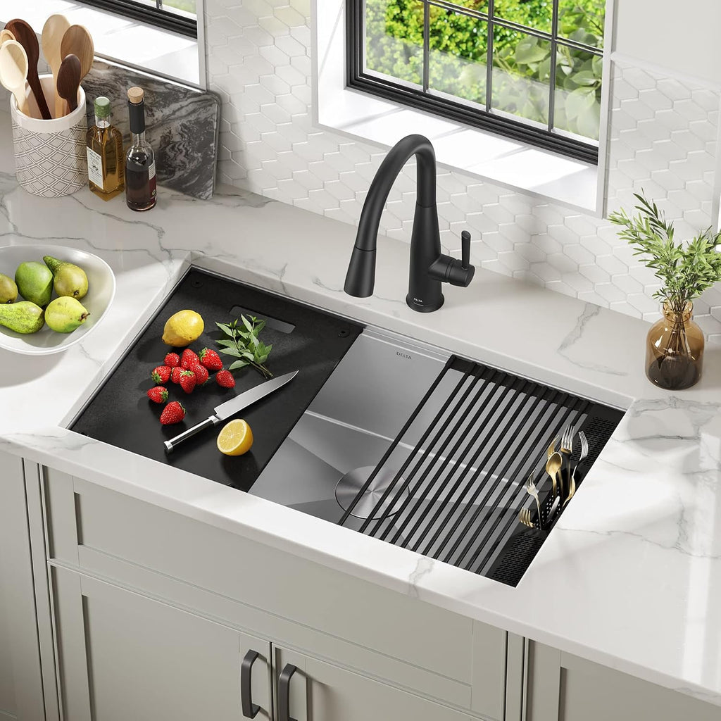 FAUCET Rivet 32-Inch Workstation Kitchen Sink Undermount 16 Gauge Stainless Steel Single Bowl with WorkFlow Ledge and
