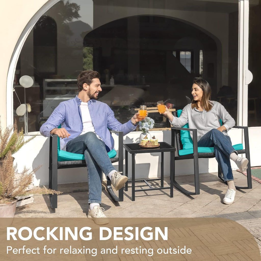3 Pieces Patio Furniture Set Wicker Outdoor Rocking Chair, Blue | PE Rattan Patio Conversation Sets, Bistro Sets of 2