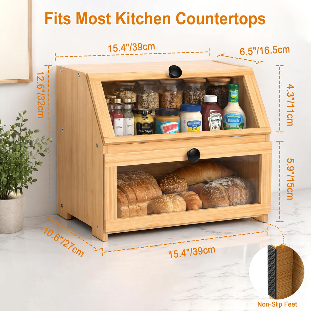 Bamboo Countertop, Large Bread Storage Container Bin 2 Layer Breadbox Holder Counter, Cabinet, Pantry, Cupboard