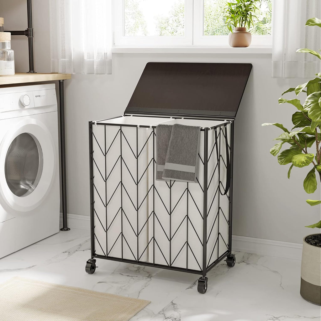 Double Laundry Hamper with Lid, Rolling Laundry Basket with Wheels | Heavy Duty Wire Clothes Hamper with Divided