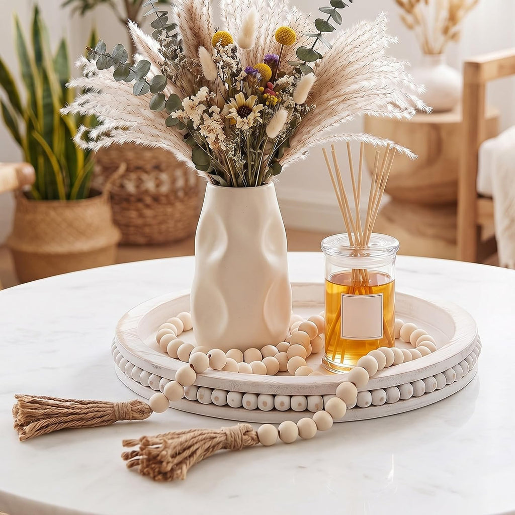 2 Pcs Farmhouse Round Tray Decor Set, 12" White Washed Beaded Round Wood Tray with 58" Long Beaded Garland for Coffee