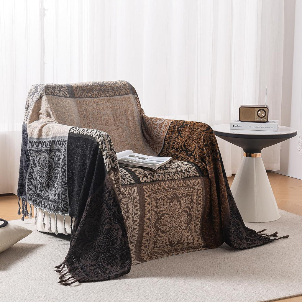 Boho Throw Blanket, Chenille Jacquard Tassels Throw Blankets, S:60x75)