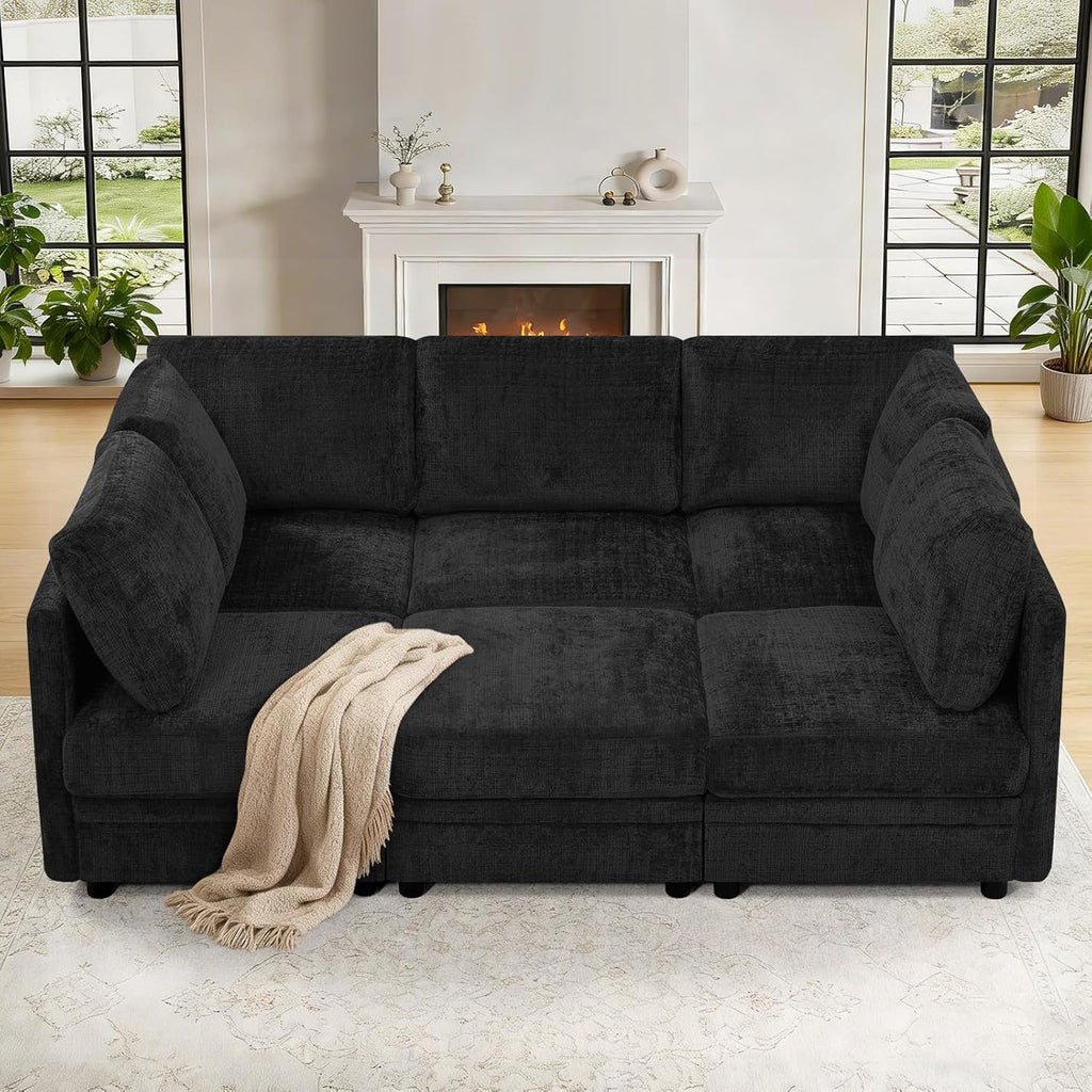 86'' Chenille Modular Couch with Removable Ottoman, 6 Seater Secional Sofa with Adjustable Backrests