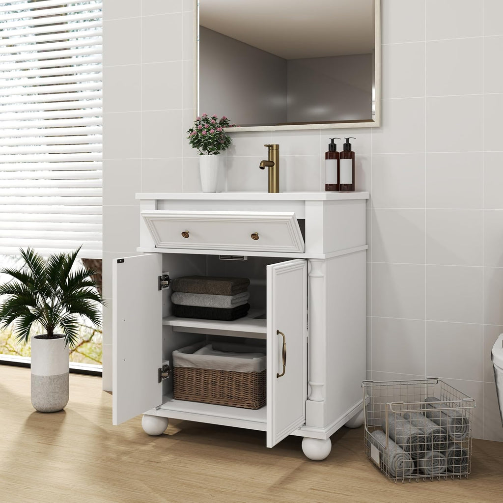 28" Mid-Century Bathroom Vanity with Sink - Green Solid Wood with Roman Column Base