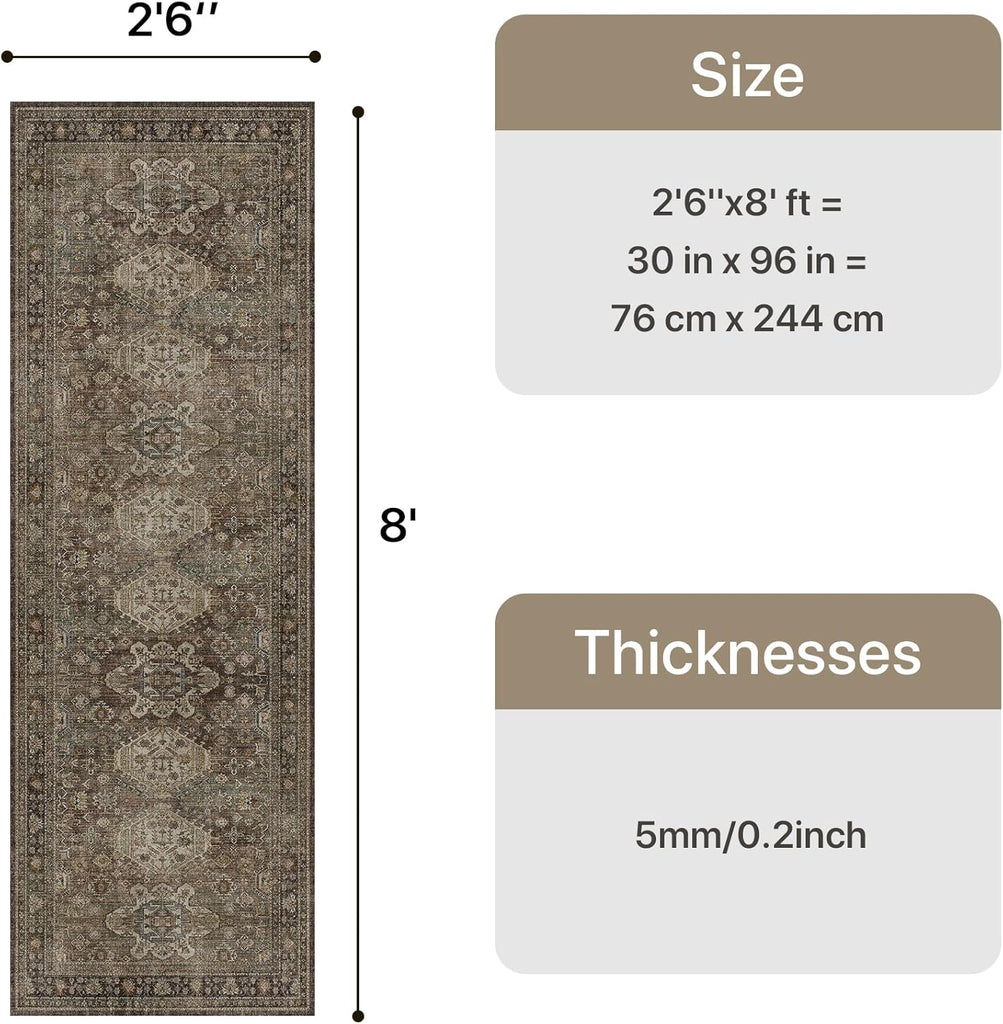 Washable Runner Rug 2’6”x8’, Non Slip Vintage Hallway Runner, Ultra Thin Low Pile Washable Carpet fo