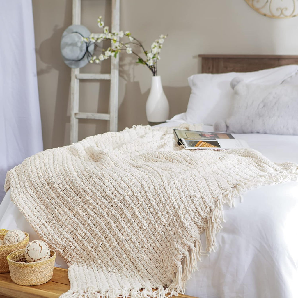 Chenille Luxury Thick Woven Throw with Fringe, 50x60, Cream