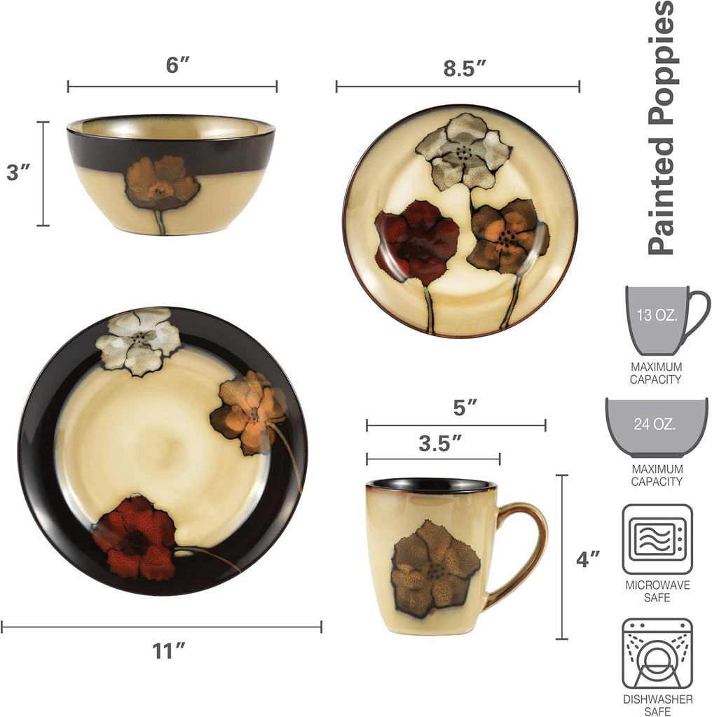 Painted Poppies 16-Piece Dinnerware Set, Service for 4, Colorful Floral Stoneware Plates, Bowls, and Mugs
