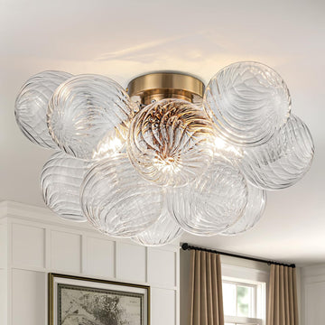 Semi Flush Chandelier Gold, Modern Light Fixtures Ceiling Mount Lighting Pendant 3 Light Dining Chandeliers Over