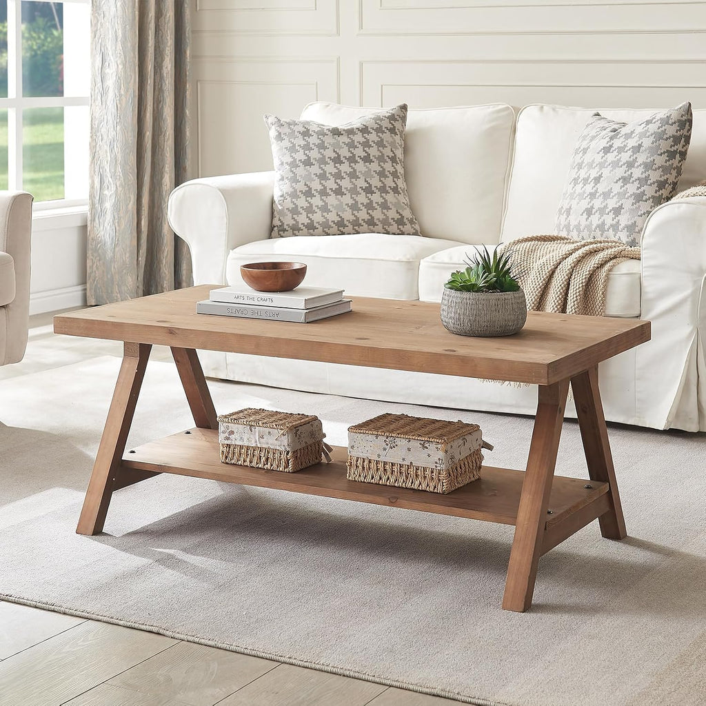 Farmhouse Coffee Table,Solid Wood Center Tables with Storage Shelves & Sturdy A-Shaped Legs