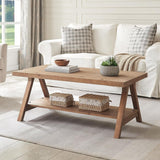 Farmhouse Coffee Table,Solid Wood Center Tables with Storage Shelves & Sturdy A-Shaped Legs