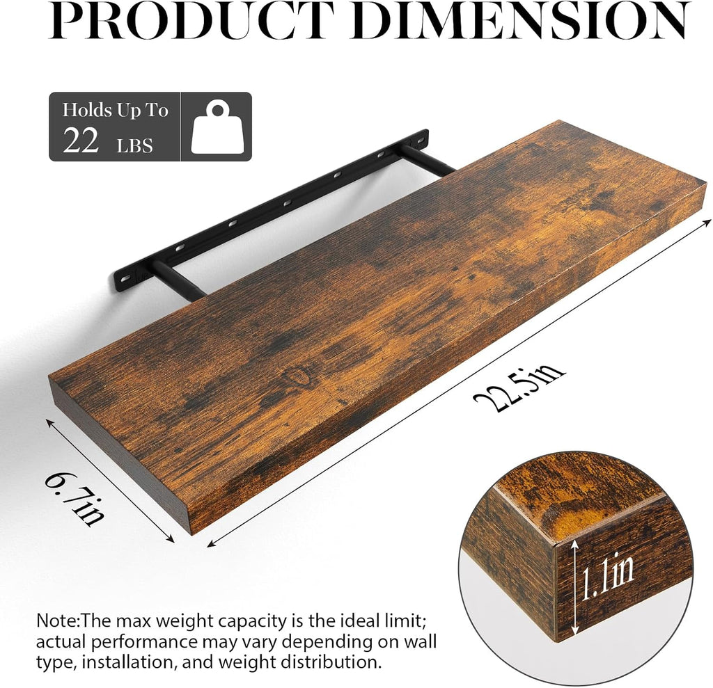 Floating Shelves for Wall, Set of 3, 22.5 Inch Rustic Wood Wall Mounted Shelving , Hanging Display Decor Book Shelf