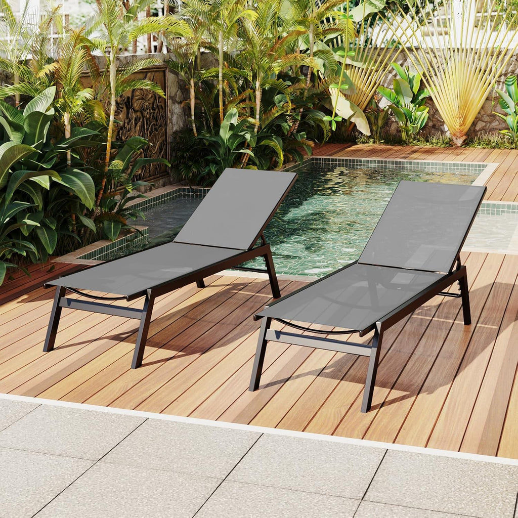 Aluminum Outdoor Chaise Lounge Set of 2,Patio Breathable Textilene Lounge Chairs,Sunbathing Recliner w/5 Adjustable
