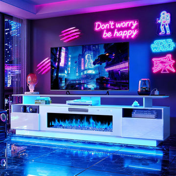70" Fireplace TV Stand with 36" Electric Fireplace Entertainment Center with Charging Station and LED Light Console