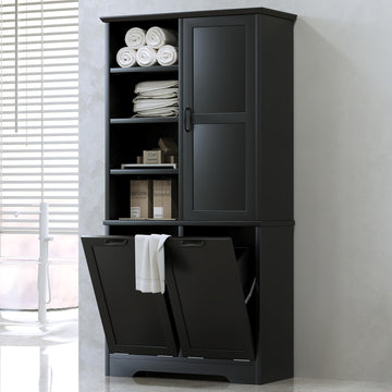 Tall Storage Cabinet with Door and Open Shelf, Multi-Functional Laundry Hamper Basket Bathroom, Laundry Room, Black