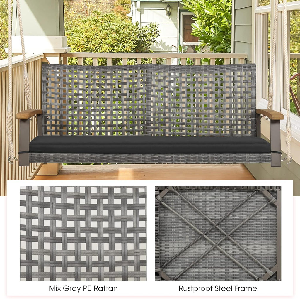2-Person Outdoor Porch Swing with 118" Hanging Ropes, Patiojoy PE Wicker Patio Hanging Swing Bench with Soft Seat