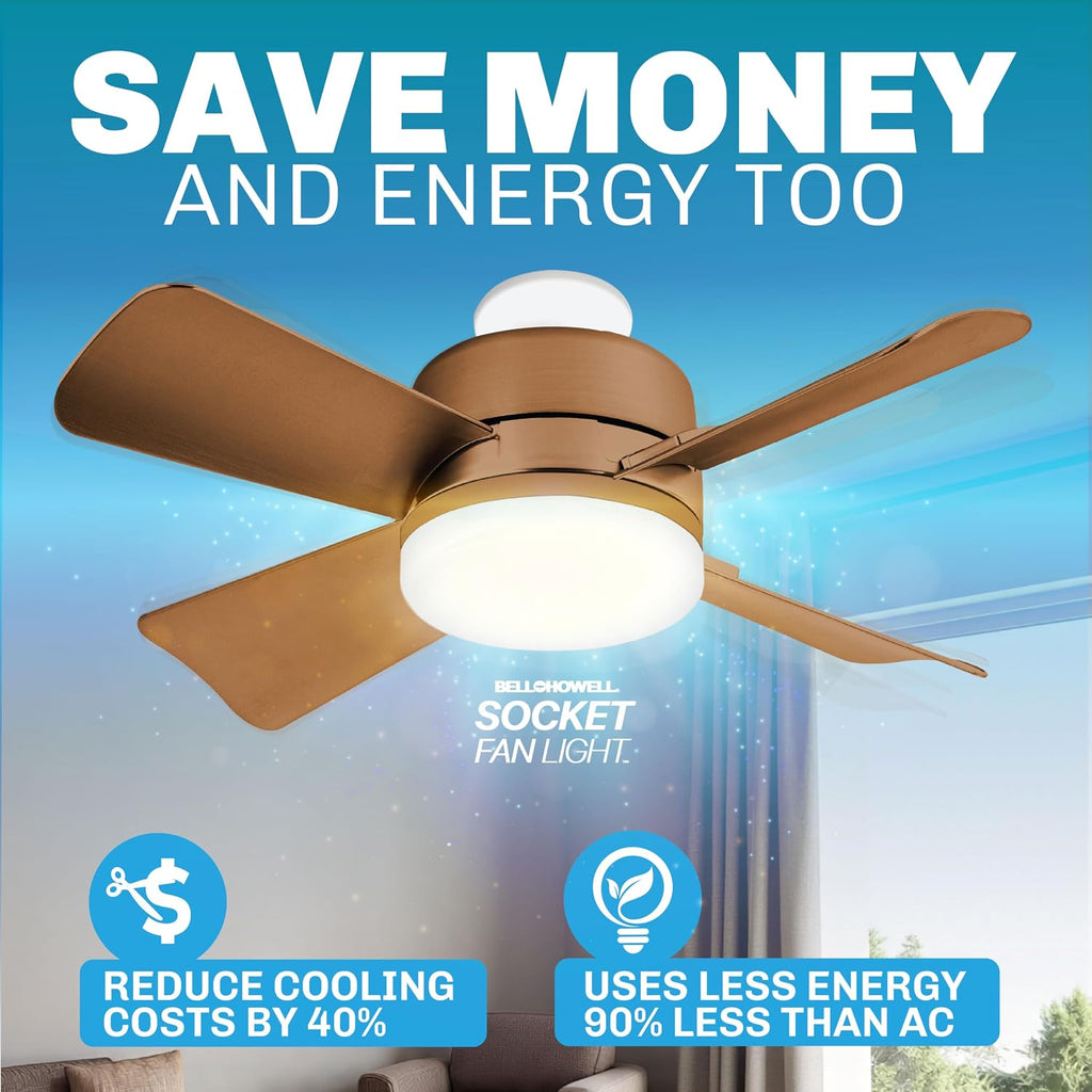 Breeze Socket Fan Light with Remote, Portable Small Ceiling Fans with Lights for Bedroom, Kitchen, Living Room, Ceiling Fan with Light 3500K, 1000 Lumens, Screws into E26/E27