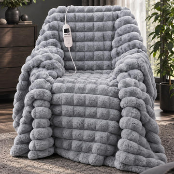 Electric Heated Blanket Faux Rabbit Fur & Flannel Cozy Throw 50''x60''