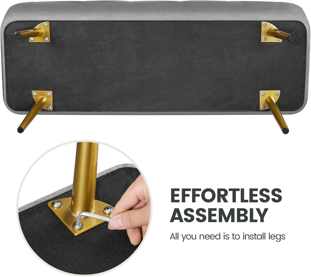 43in Velvet Storage Ottoman Bench End of Bed, Gray | Button-Tufted Ottoman Bench with 1.9C Storage Space, Tapered
