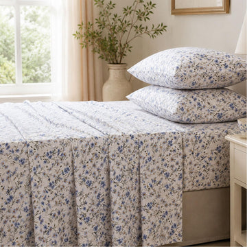 100% Cotton Percale Sheet Set Full - Blue Meadow Floral Bedding, Vintage Wildflower Botanical Sheets, Soft Breathable