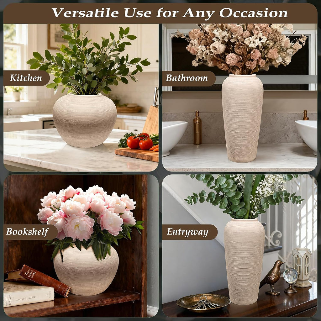 Ceramic Flower Vase Round Textured Vase,Farmhouse Vase(6" Tall, 7.7" Width) | Wide Round Terracotta Rustic Vases