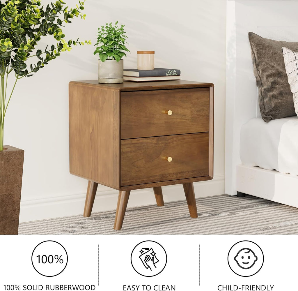 Solid Wood Nightstand with 2 Drawers, Walnut Mid Century Modern Nightstand, Wooden Night Stand, Small Side End Table