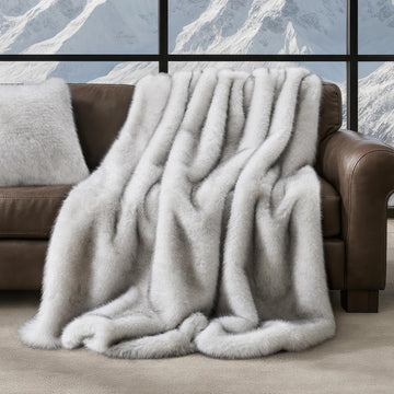 Luxury Faux Fur Throw Blanket, 50"x60", Frosted White Wolf | Fluffy Faux Mink Blanket, Soft Cozy Plush, Thick Warm